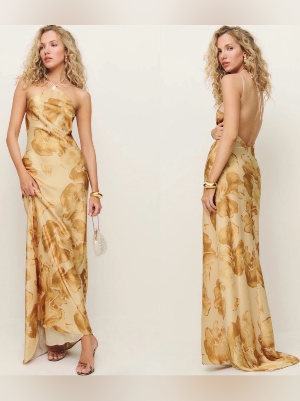 Reformation Gold Floral Backless Slip Maxi Dress